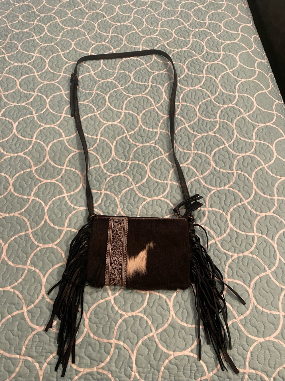 Black Fringe Crossbody Bag with Haircalf Accent